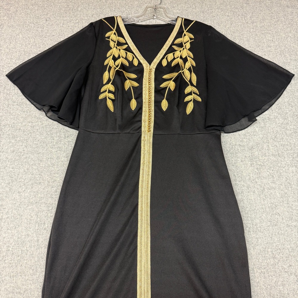 Shein Maxi Dress Large 8/10 Black Gold Embroidered Flutter Sleeve Mermaid Formal